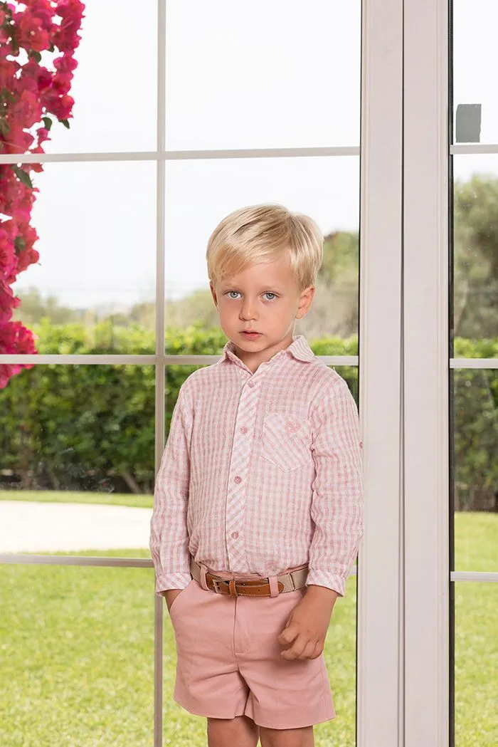 Conjunto 2 piezas para niño en cuadros rosa y blanco con pantalón corto en rosa palo