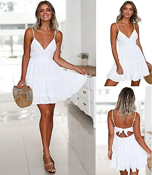 Woman V-Neck Spaghetti Strap Bowknot Backless Lace Sleeveless Mini Swing Skater Dress